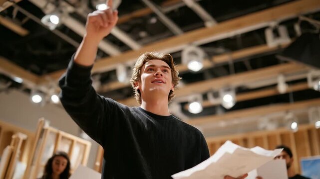 Young director gesturing expressively at the set design while team members rearrange props, adjust boom mics, and tweak lighting intensity in an artistic studio environment