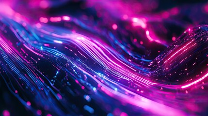 Glowing lines and shimmering particles create an abstract representation of a high speed digital data stream, illustrating concepts of communication, technology, and interconnected networks