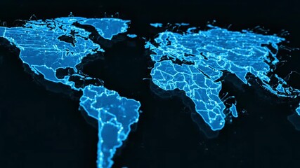 Luminous blue digital world map with glowing connections, symbolizing global network, technological communication, data exchange, and worldwide business connectivity - Powered by Adobe