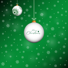 Green merry chrismas card design with winter snow, bauble illustration. Winter holidays concept card design to use for merry christmas greetings, winter advertising, happy new year card.