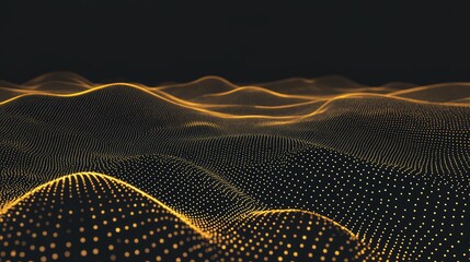 Abstract network of glowing orange dots forming undulating waves on black ground, representing modern technology, big data, energy transfer, or a neural network connection