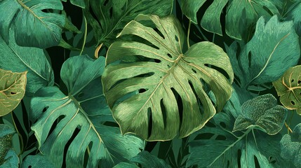 Lush Green Monstera Leaves: Tropical Botanical Pattern
