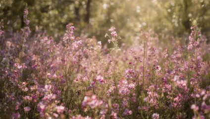 Obraz premium Enchanting Wildflower Meadow - A Tapestry of Pink and Green Hues.