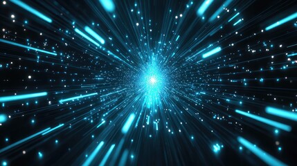 Abstract tunnel featuring numerous glowing blue light particles and streaking lines rushing towards a central bright point, representing concepts of data, speed, and digital technology