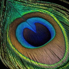 Obraz premium Close-up of a vibrant peacock feather with iridescent colors against black