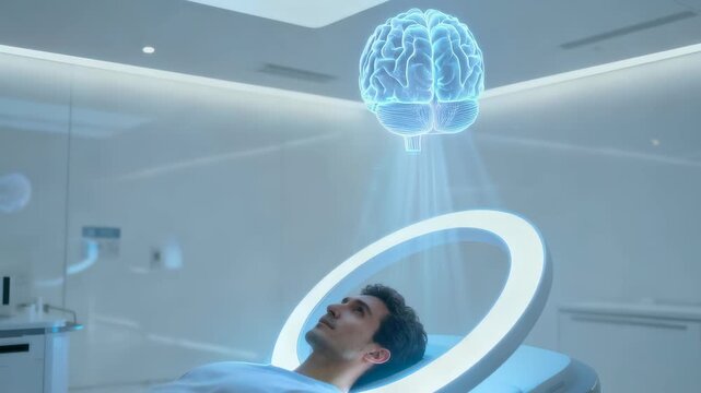 Futuristic hospital medical scan brain hologram neural interface patient male adult white room with blue glow light innovation technology healthcare