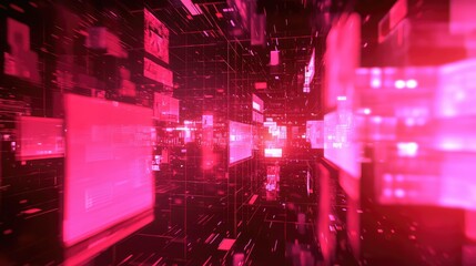 Abstract network tunnel featuring glowing digital data, interconnected lines, and information screens, representing concepts of big data, ai, cloud computing, and cybersecurity