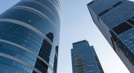 Obraz premium Modern glass skyscrapers reaching towards the clear sky, showcasing urban architecture