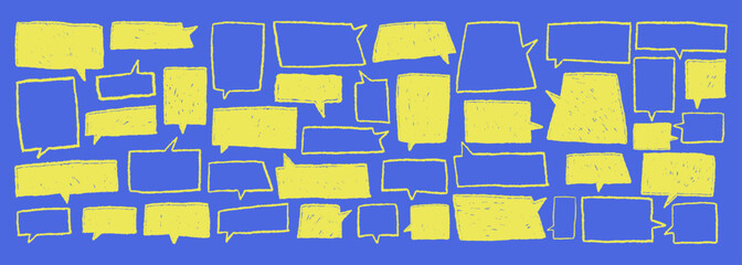 Yellow crayon speech bubbles. Bold rectangular shapes for highlights and emphasis text. Grunge doodle blank dialog elements. Funky cartoon childish vector silhouettes. Charcoal line pen text boxes.