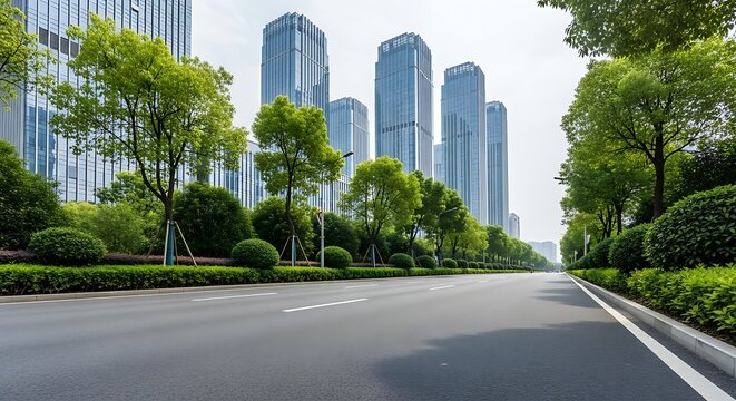 Modern city road lined with green trees leading to towering skyscrapers under a clear sky
