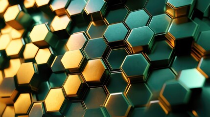 Metallic geometric hexagons creating an abstract background, illustrating concepts of connection, network, and futuristic technology with vibrant gold and teal colors