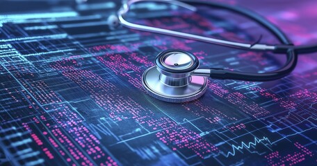 Stethoscope on digital data screen: innovation in healthcare technology and medical analysis