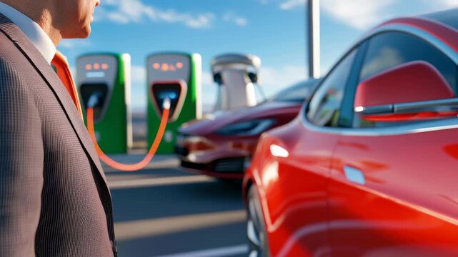 Electric car charging station red sedan modern design clean energy urban sunlight reflection eco friendly technology fast charge scene