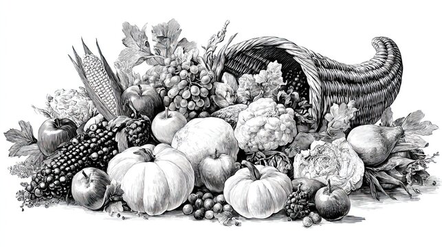Autumn harvest cornucopia overflowing with fruits and vegetables in detailed vintage engraving sketch artwork