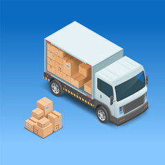 Delivery van with cardboard boxes. Loading and delivery of cargo. Isometric projection. Vector illustration.