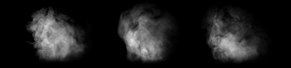 Collection of abstract white smoke clouds isolated on black background, mysterious fog and vapor textures, dark atmospheric effect, smoke is evaporating on a black background