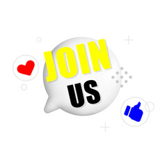 Join Us Speech Bubble Banner with Like and Heart Icons ideal for social media promotions, recruitment banners, marketing campaigns, call-to-action graphics, digital advertising. Vector illustration