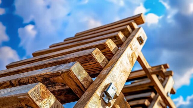 Wood ladder wooden steps rustic texture carpentry detail upward angle blue sky fluffy clouds sunny day perspective construction weathered wood ladder