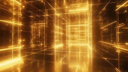 Digital grid structure generating an abstract golden tunnel representing data flow, network connections, and modern technology concepts in a futuristic environment