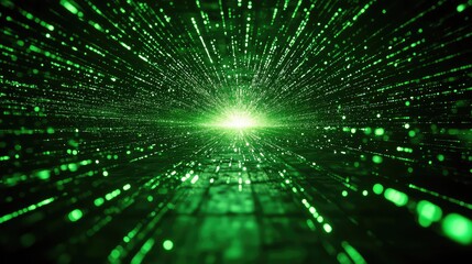 Glowing green particles form a fast moving digital tunnel, visualizing high speed data flow, global networking and ai driven information transfer across virtual cyberspace systems