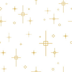 Seamless pattern with minimal gold line stars, sparkles, and geometric shapes on a white background for luxury packaging, holiday cards, branding, digital backgrounds, elegant wrapping paper. Vector