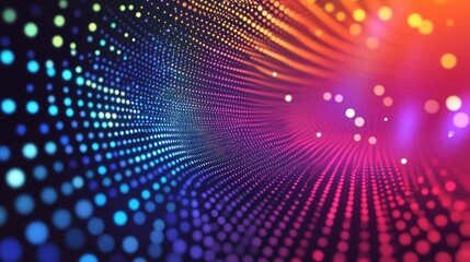 Abstract digital wave of glowing particles forming a futuristic data visualization or network connection tunnel, shifting colors from blue to vibrant neon pink and orange