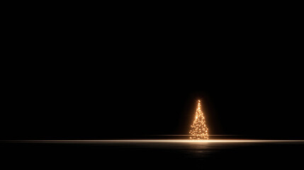 Christmas tree shaped by glowing gold lights, set against dark black background with light strip at base. Festive holiday decor suitable as wallpaper, poster for seasonal celebratory and warm themes.