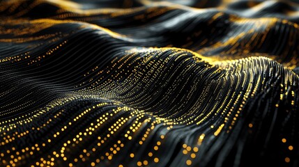Digital particles forming a dynamic wave pattern, representing data flow, artificial intelligence, and network connections in an abstract technology background