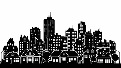 Naklejka premium Silhouette of a City Skyline with Residential Houses in Foreground.