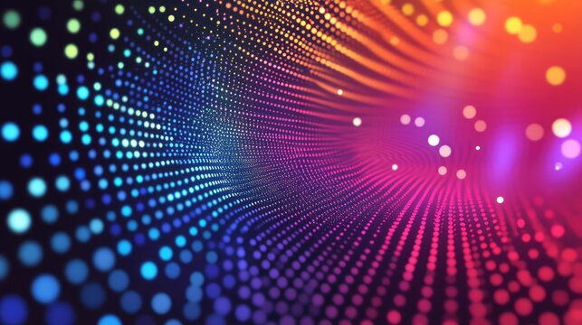 Abstract digital wave of glowing particles forming a futuristic data visualization or network connection tunnel, shifting colors from blue to vibrant neon pink and orange - Powered by Adobe
