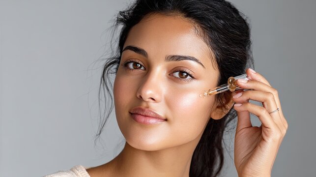 Beautiful woman applying moisturizing serum with dropper skincare concept natural glow hydrated fresh clean skin