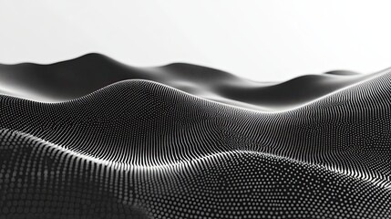 Abstract particle grid creating a dynamic undulating surface, representing data flow, digital technology, and scientific visualization with a modern aesthetic on a clean background