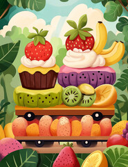 A delightful illustration of stacked desserts topped with fruits and cream, bursting with color and sweetness.