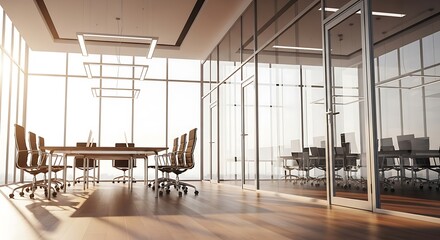 Bright and modern conference room with large windows and sleek interior design