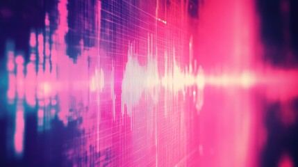 Digital audio waveform vibrating across a grid display, representing sound data and technology with energetic light effects and a modern abstract aesthetic