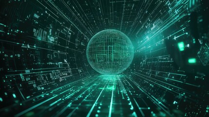 Abstract sphere representing global data connecting the world, transmitting information through a dark digital tunnel with glowing circuit lines and technological elements