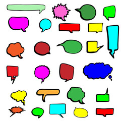 Collection of colorful hand drawn speech bubbles and thought clouds with different shapes and designs