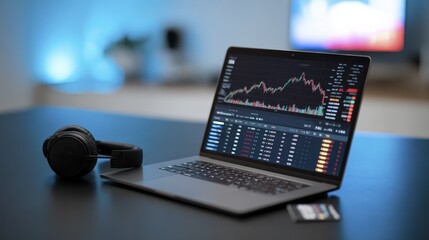 Laptop displaying financial trading charts in modern office setting