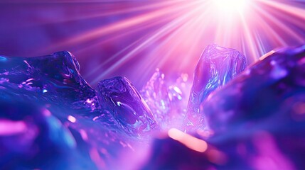 Obraz premium Abstract shiny surfaces reflect vibrant purple and blue colors, creating a surreal textured landscape illuminated by glowing light rays intersecting crystal like forms