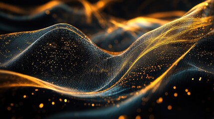 Abstract digital wave pattern showing numerous glowing golden particles flowing across a dark background, creating dynamic structures representing data streams, technology, and energetic connections