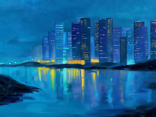 A serene blue-toned city skyline reflected on calm water, evoking quiet nights and modern urban beauty. Blue City Skyline Reflection, Night Urban Landscape Digital Wall Art