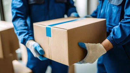 Movers carefully transporting a box, emphasizing the secure handling and teamwork involved in moving services. The close-up highlights the protective gloves and the box.