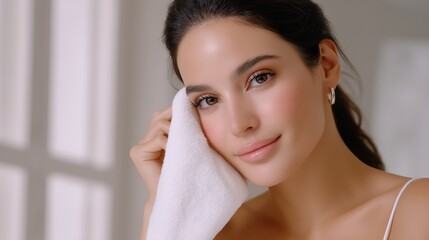 Naklejka premium A woman with a radiant complexion is gently cleansing her face with a soft towel in a well-lit room. Skincare routine and beauty.