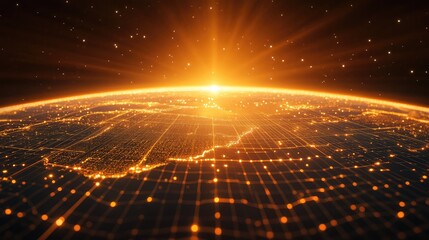 Global network creating a digital grid across planet earth with bright data connections, representing worldwide communication, future technology, and internet connectivity