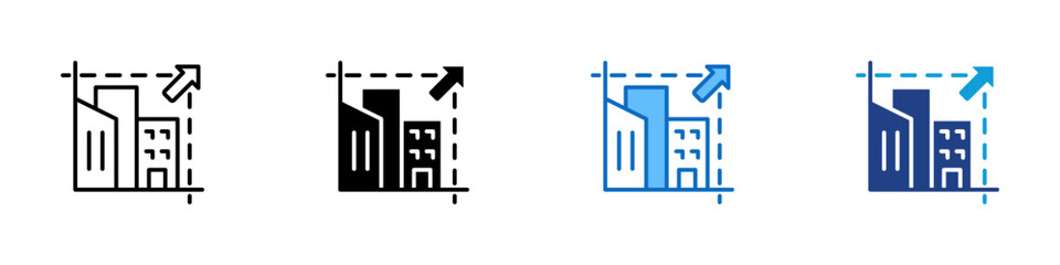 Urban Growth Multiple Style Icon Design Vector - City buildings with an upward arrow representing urban development, economic expansion, and business growth © sahila