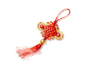Artistic Knot Ornament: A delicate, watercolor illustration showcases an ornate red and gold knot ornament, symbolizing prosperity and good fortune. This art piece evokes feelings of harmony.