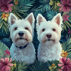 An adorable portrait of two white West Highland terriers surrounded by lush flowers, Twin White Westie Dogs Portrait, Cute Pet Floral Illustration Wall Art