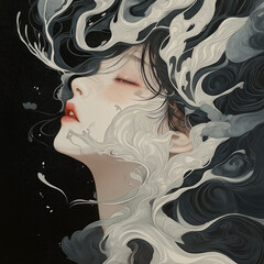 A fluid ink-style portrait blending face and abstract motion, expressing emotion, transformation, and artistic depth.