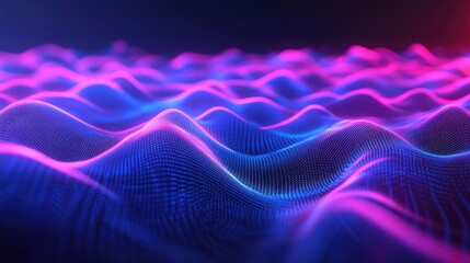 Abstract digital wave surface made of glowing particles in blue and magenta tones, illustrating data flow, network connections, and futuristic technology concepts