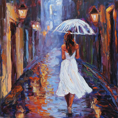 A painterly city street scene under rain with glowing lights and reflections, evoking romance and nostalgia. Rainy City Street Painting, Romantic Umbrella Scene Impressionist Art Print
